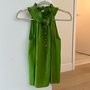 J. Crew silk green top with ruffle neckline and buttons.